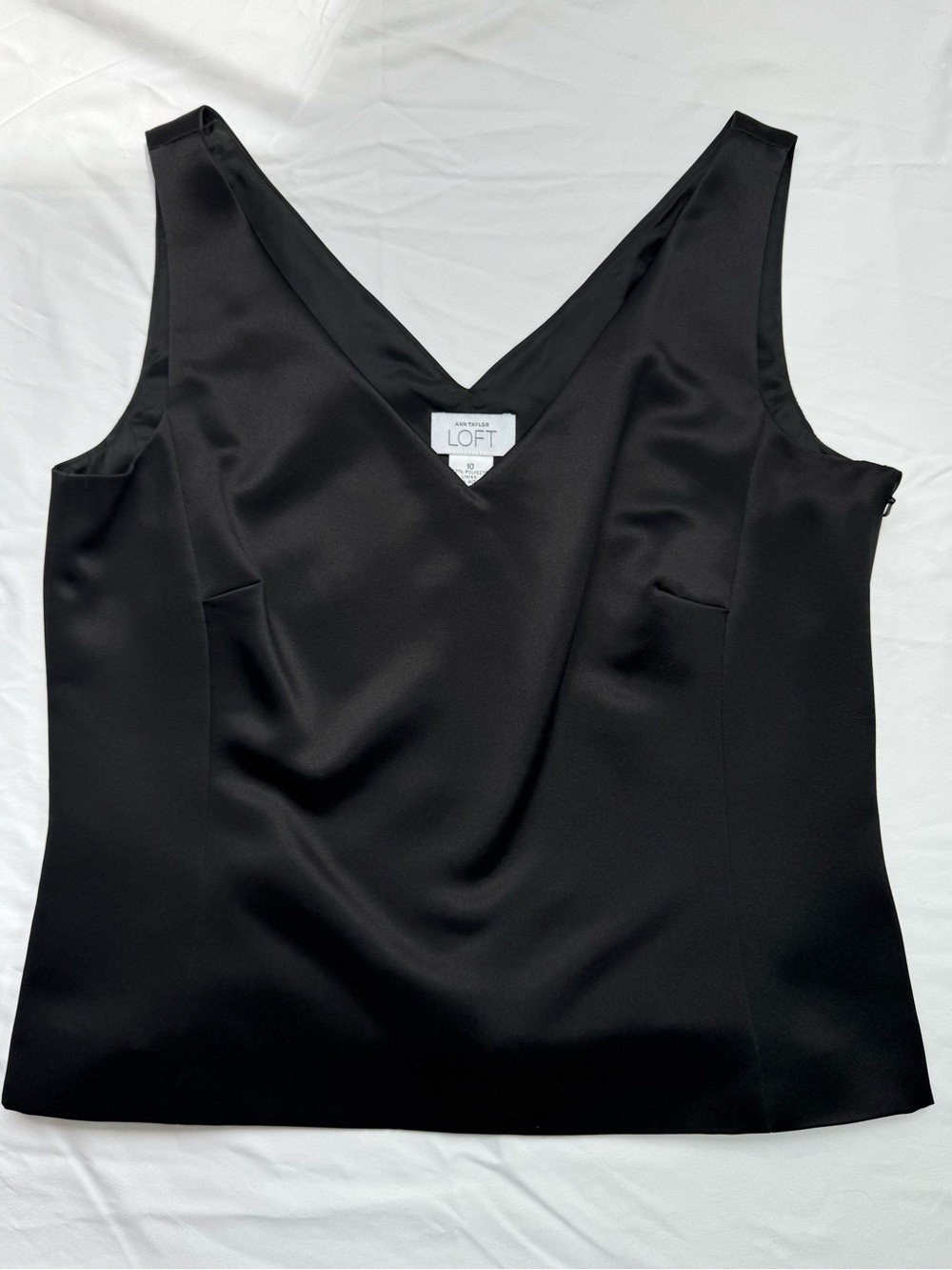 LOFT Black Satin V-Neck Tank Top Cropped Shell Dress Sleeveless Seperates